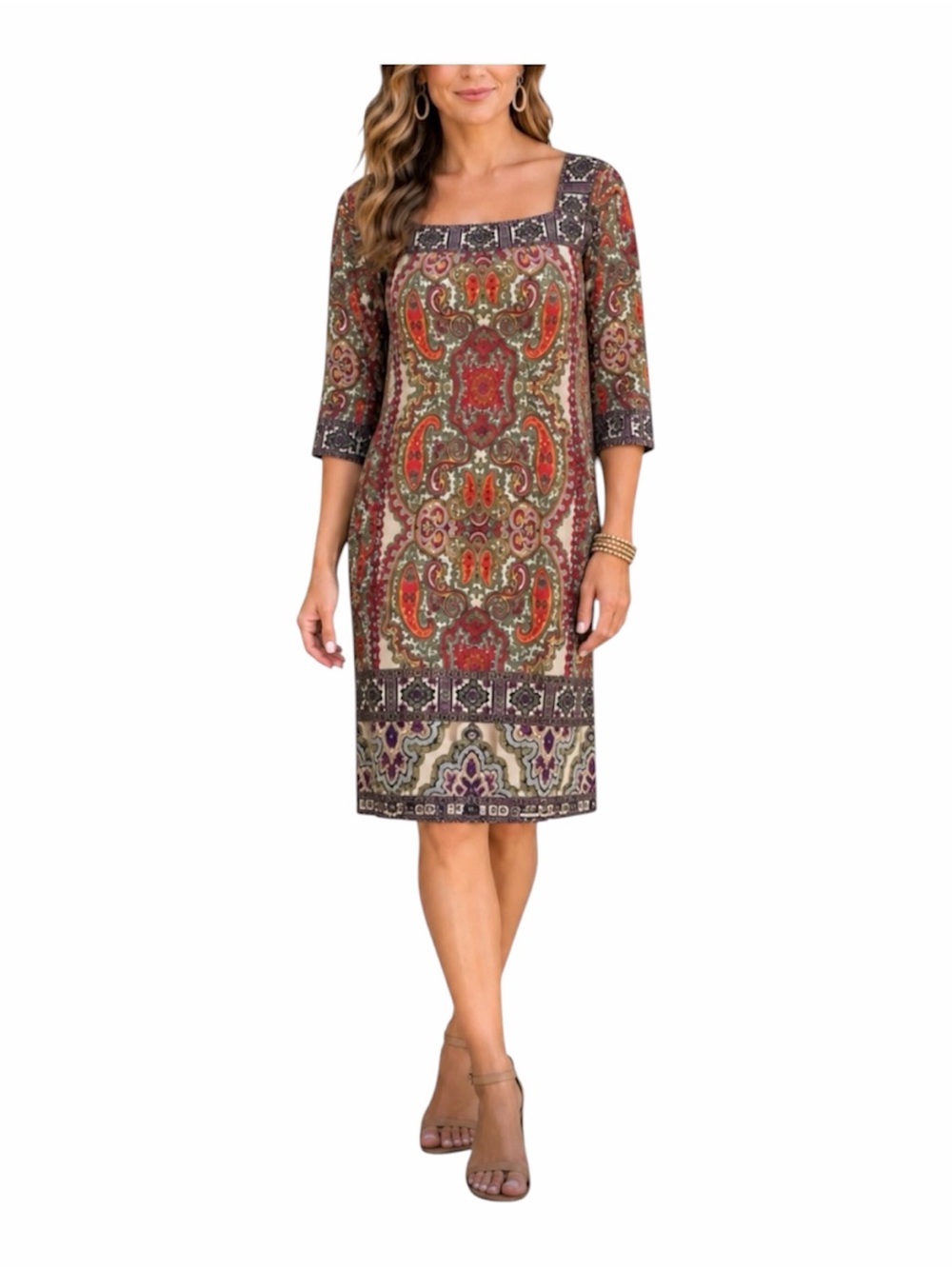 SANDRA DARREN Plus Size 20W Multicolor Paisley Jersey Shift Dress 3/4 Sleeves